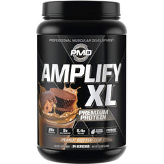 PMD Amplify XL Peanut Butter Cup bottle showing post-workout fueling with indulgent flavor.