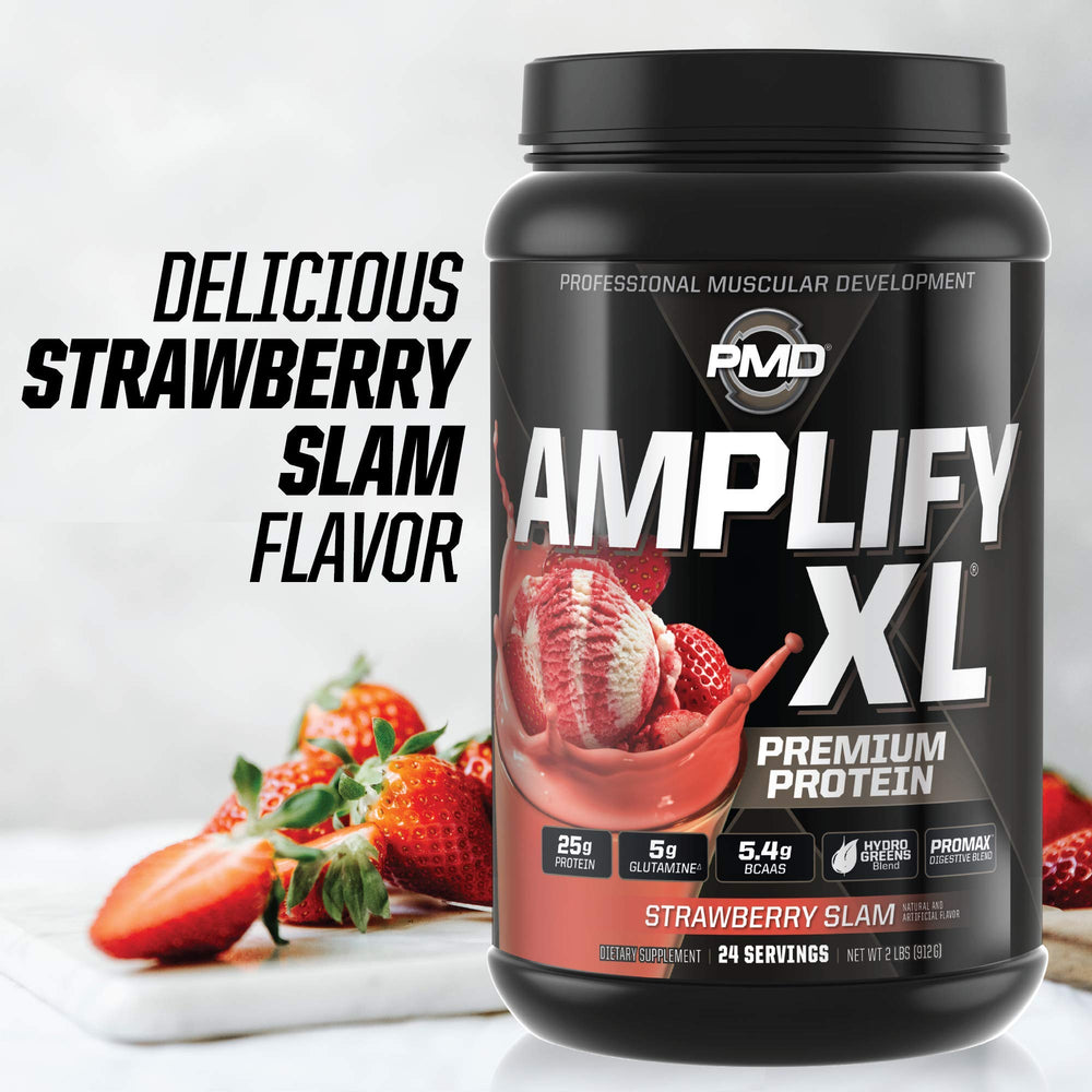 PMD Amplify XL Strawberry Slam shaker for on-the-go shakes.