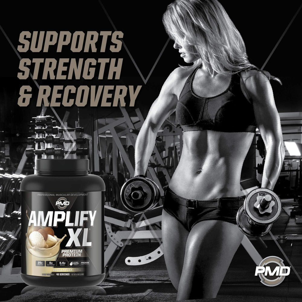 PMD Amplify XL whey protein blend visually shows quick-release proteins for recovery.