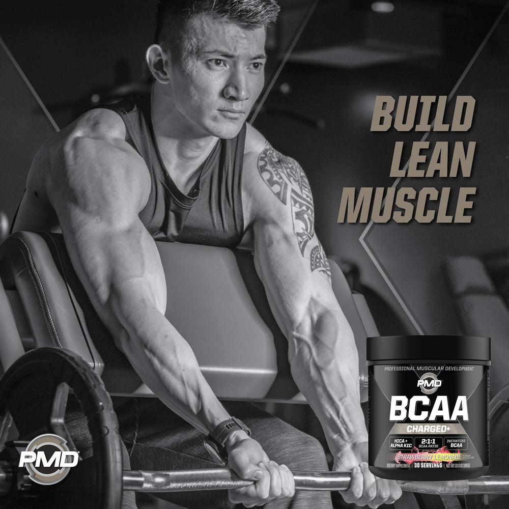 PMD Sports BCAA Charged athlete during workout emphasizes endurance support.