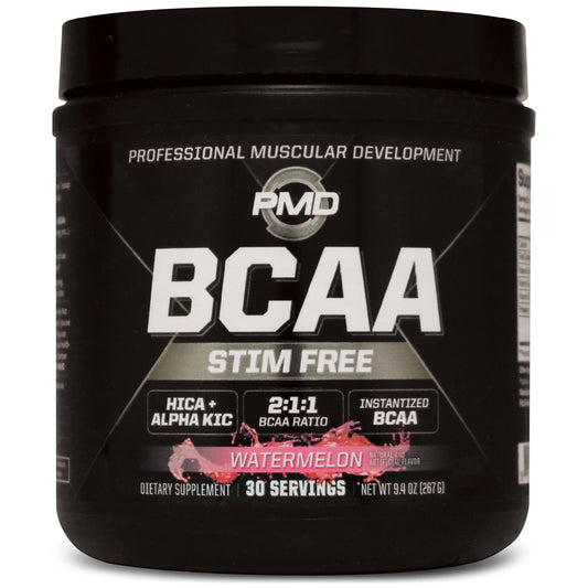PMD Sports BCAA Stim-Free Watermelon tub label highlights stimulant-free formula for workouts.