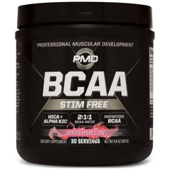 PMD Sports BCAA Stim-Free Watermelon tub label highlights stimulant-free formula for workouts.
