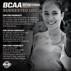 Close-up of PMD Sports BCAA Stim-Free label showing the 2:1:1 ratio