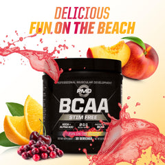 Refreshing PMD Sports BCAA Stim-Free shake in a shaker cup