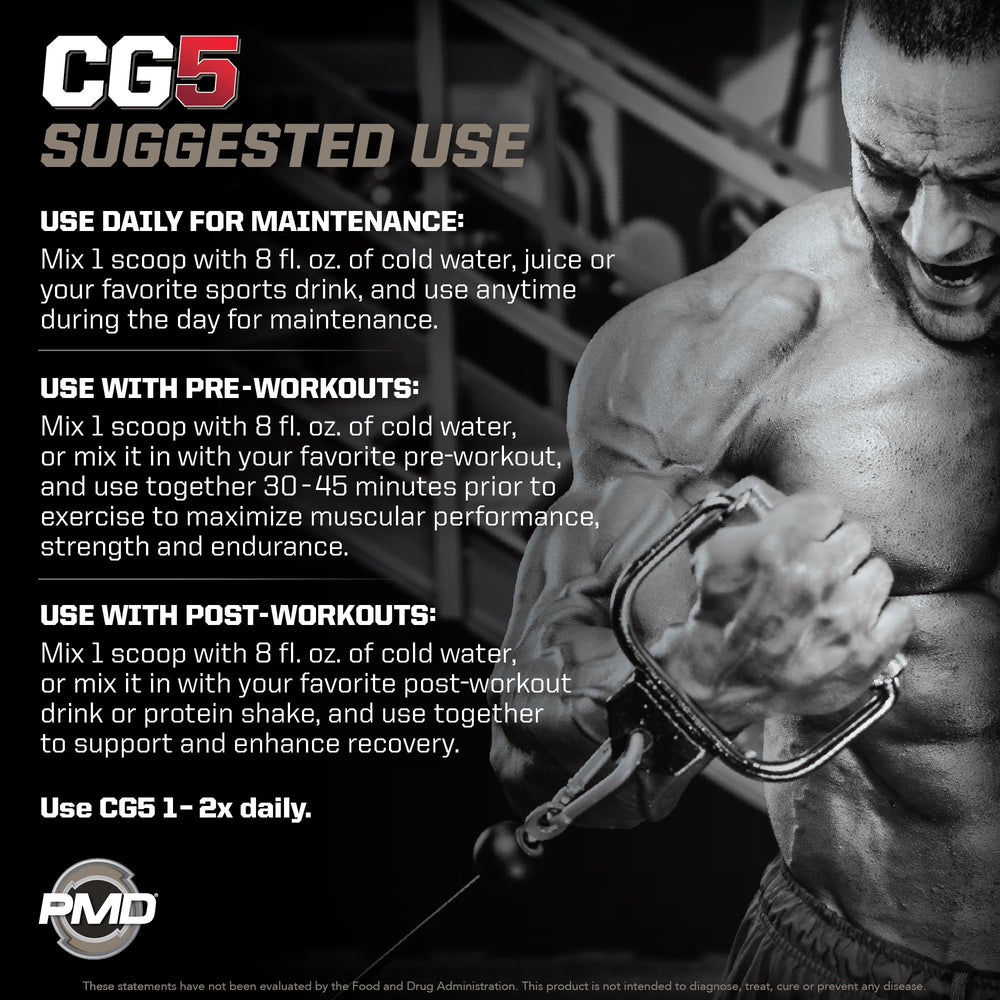 PMD Sports CG5 glutamine bottle highlighting muscle recovery support.