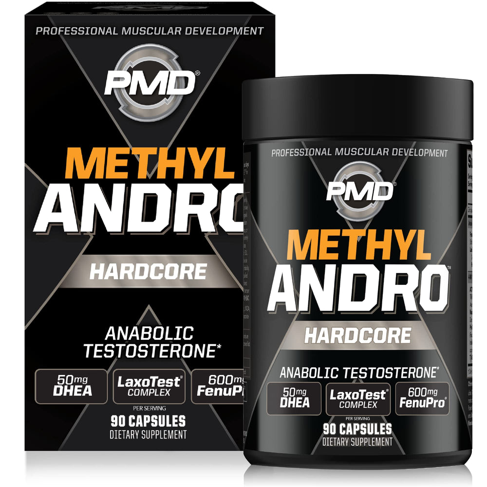 PMD Sports Methyl Andro DHEA bottle front shows energy and performance support.