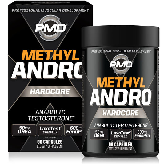 PMD Sports Methyl Andro DHEA bottle front shows energy and performance support.