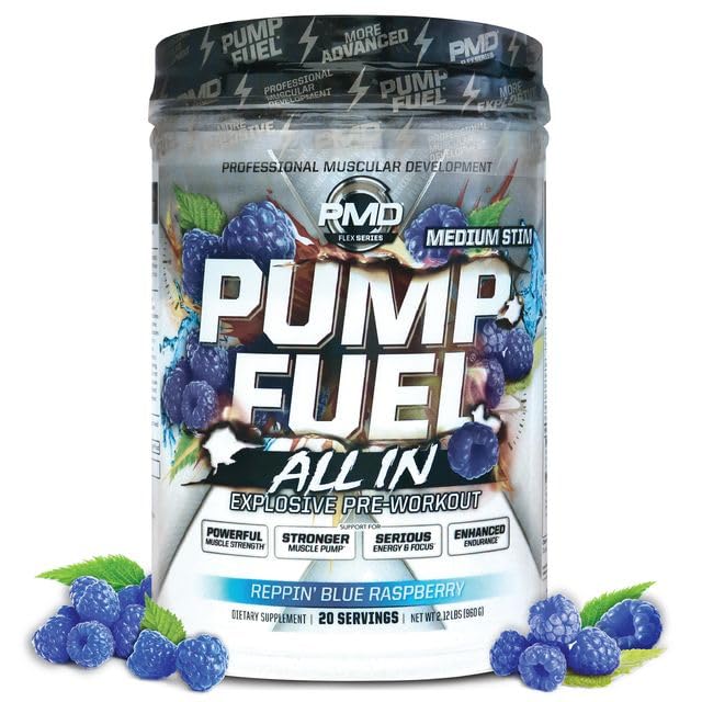 PMD Pump Fuel All In blue raspberry bottle boosts energy for intense training sessions.