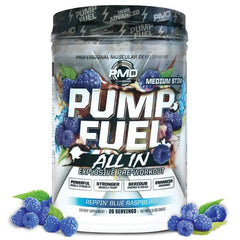 PMD Pump Fuel All In blue raspberry bottle boosts energy for intense training sessions.