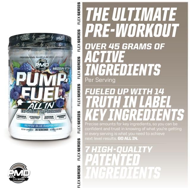 PMD Pump Fuel All In caffeine levels graphic shows medium and high stim options.