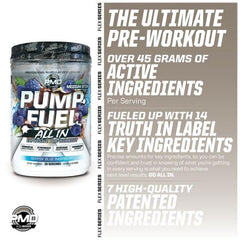 PMD Pump Fuel All In caffeine levels graphic shows medium and high stim options.