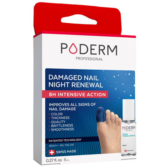 Poderm Toenail Night Renewal bottle close-up showing natural oils for overnight use
