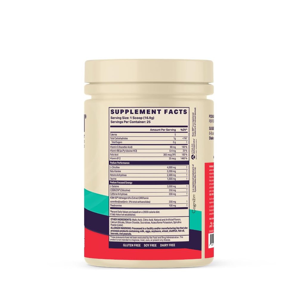 Podium Fuse 2025 ingredients label highlights Cognizin and Ashwagandha for mental clarity and energy