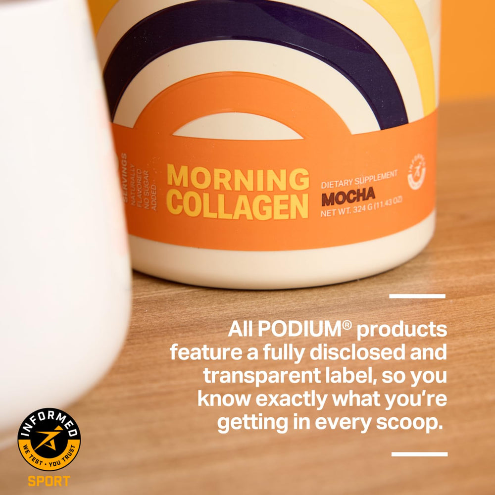 Podium Morning Collagen Mocha powder being scooped for daily use
