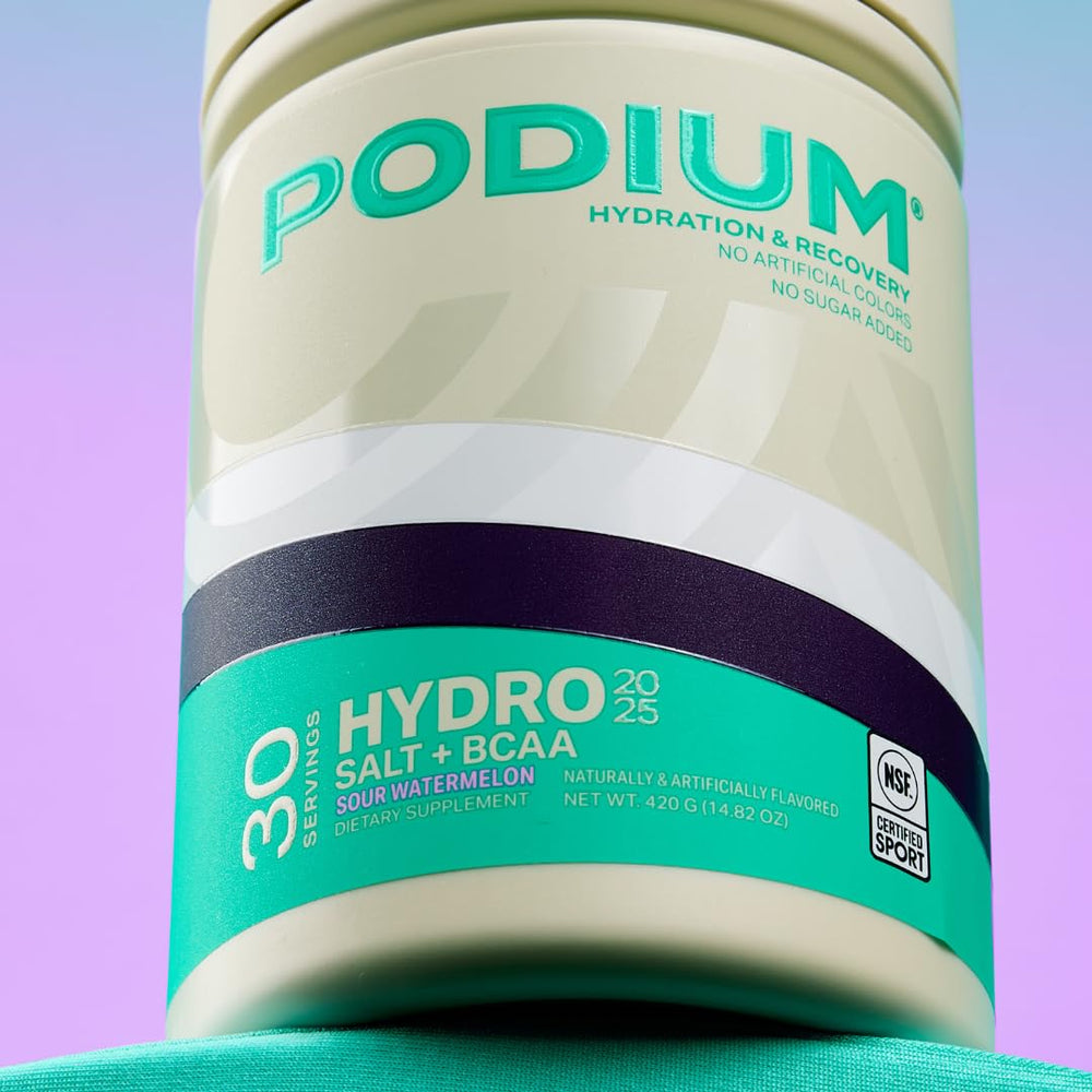 Podium Hydro + Salt label closeup features the NSF Certified for Sport emblem.