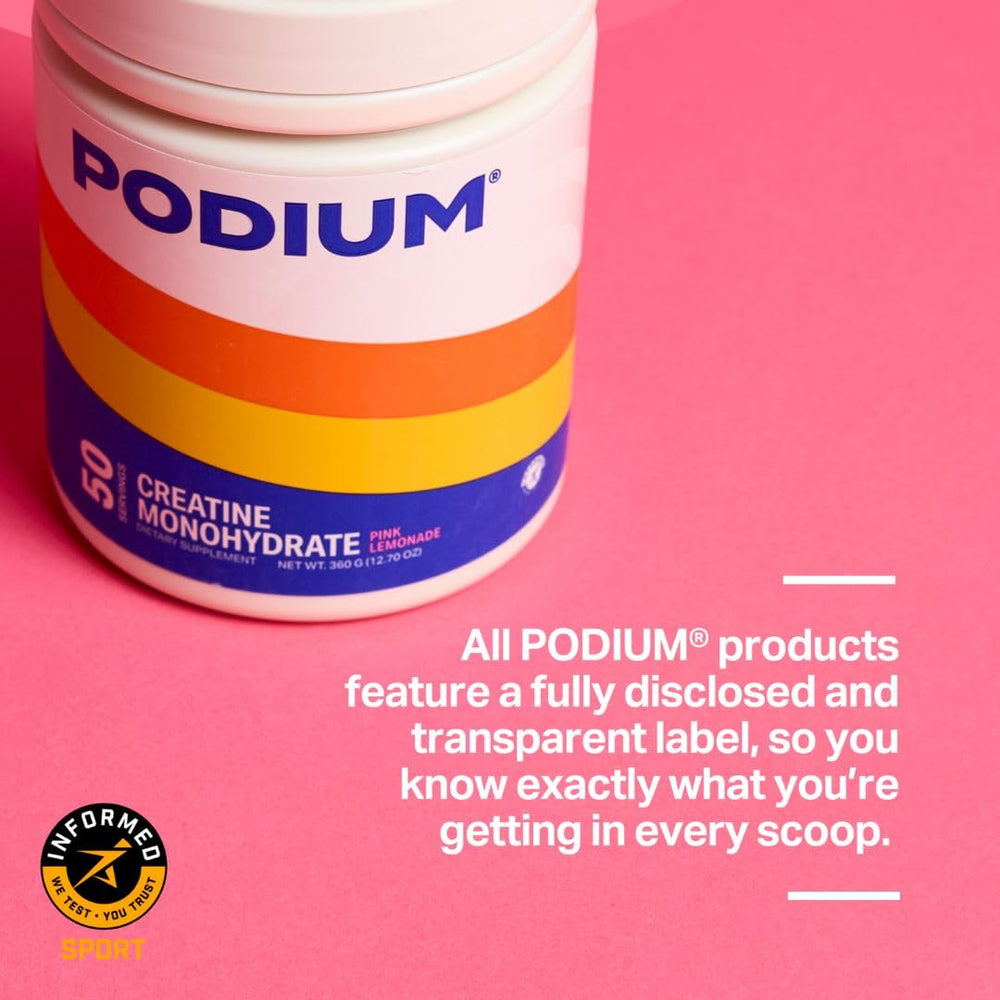 Podium Nutrition Solos pink lemonade label closeup highlights flavor and trusted ingredients.