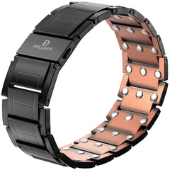 POLLDAN copper magnetic bracelet closeup shows magnets and 6200 gauss power for daily wear