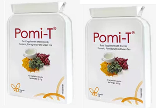 Pomi-T capsules bottle front, convenient daily supplement for a plant-based lifestyle.