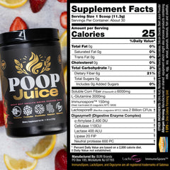 Poop Juice 5-in-1 daily fiber powder with scoop beside container