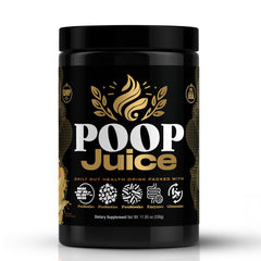 Poop Juice 5-in-1 daily fiber powder bottle highlighting convenient gut health support