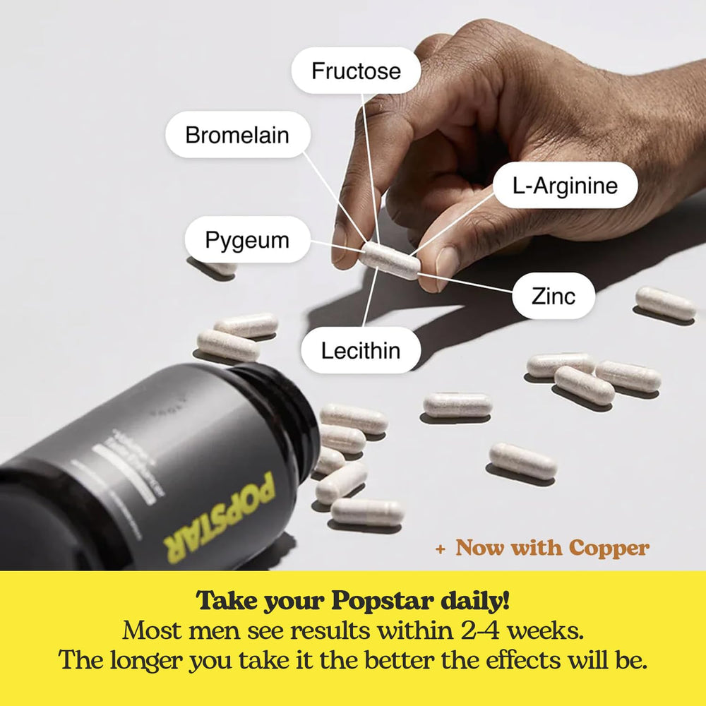 Close-up of POPSTAR capsules highlighting compact, easy-to-swallow design.