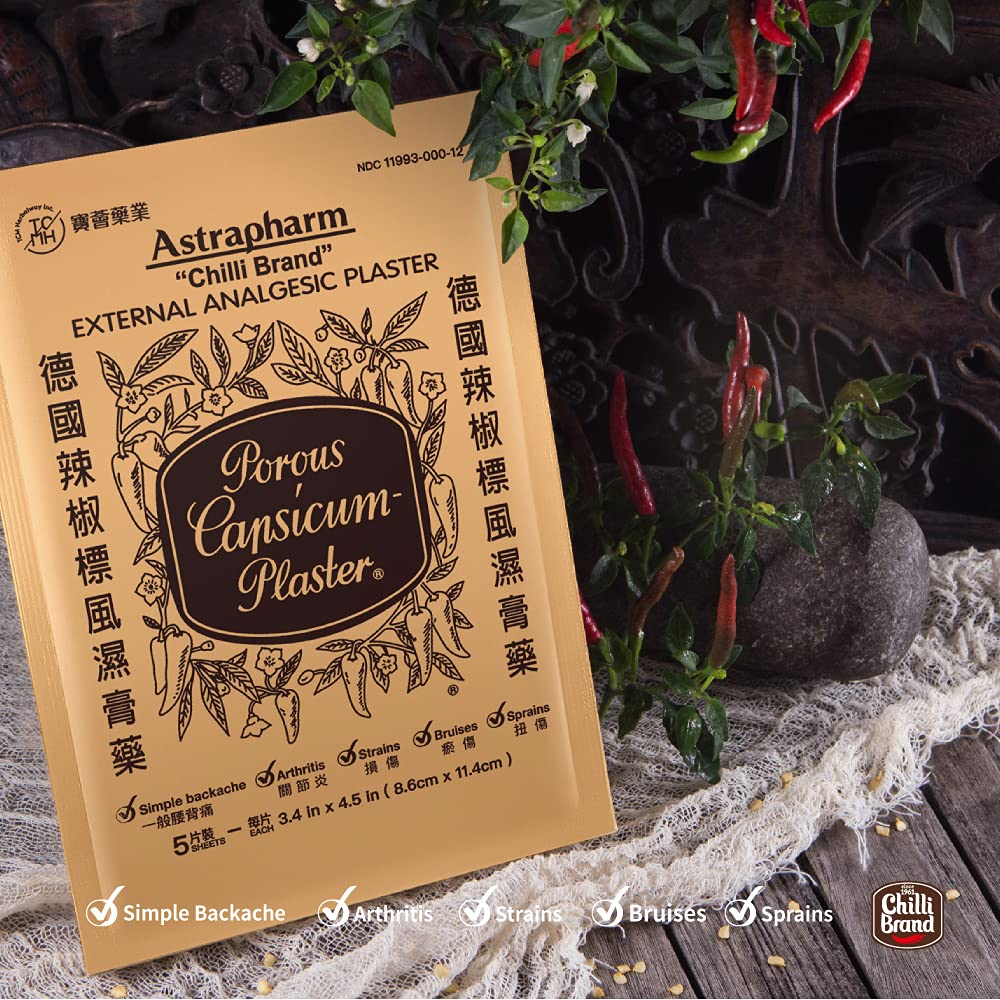 POROUS-CAPSICUM-PLASTER sheet detail highlights the 3.4 by 4.5 inch patch