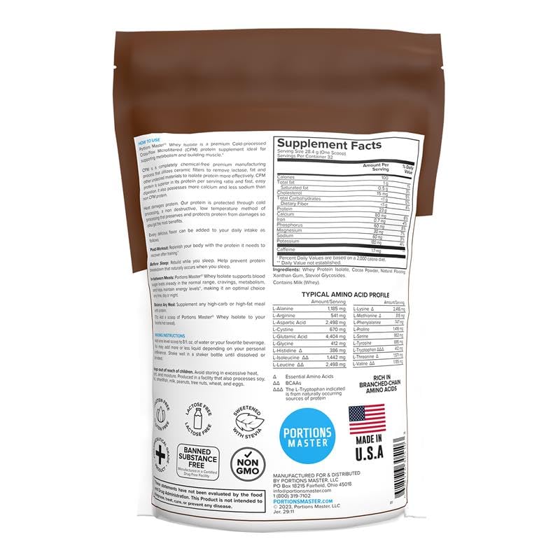 Portions Master CFM Whey Isolate scoop beside tub showing precise portions.