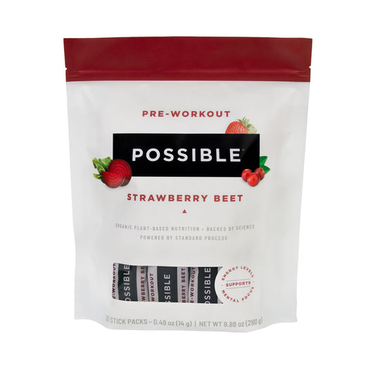 Possible Pre-Workout Powder Strawberry Beet label shows organic vegan energy