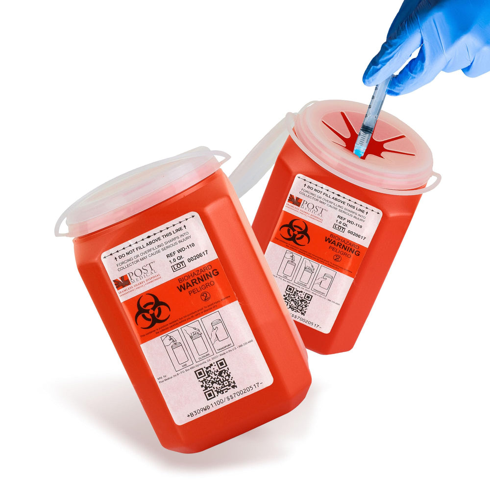 Post Medical 1-quart sharps container case-6 with leak-tight lid for safe disposal.