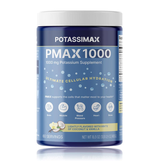 Potassimax PMAX1000 bottle pour illustrates easy daily electrolyte intake.
