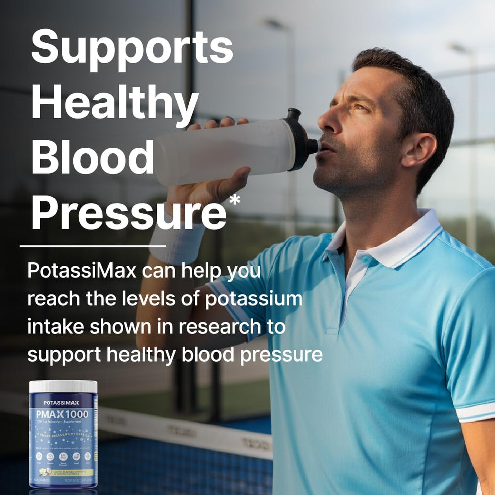 PMAX1000 tub label closeup emphasizes high-dose potassium for daily wellness.