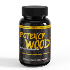 Potency Wood bottle front shows a modern label highlighting the blend for energy and resilience.