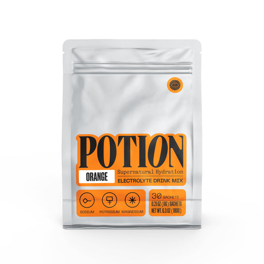 Potion Supernatural Hydration orange tub packaging highlights sugar-free electrolyte formula