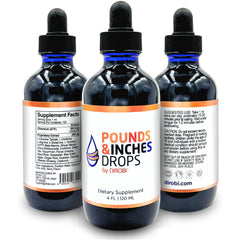 Pounds and Inches Drops bottle with dropper for convenient daily use.