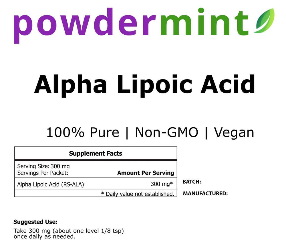 Powdermint Alpha Lipoic Acid Powder label closeup with ingredients and usage