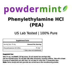 Powdermint Phenylethylamine bottle label close-up with essential details.
