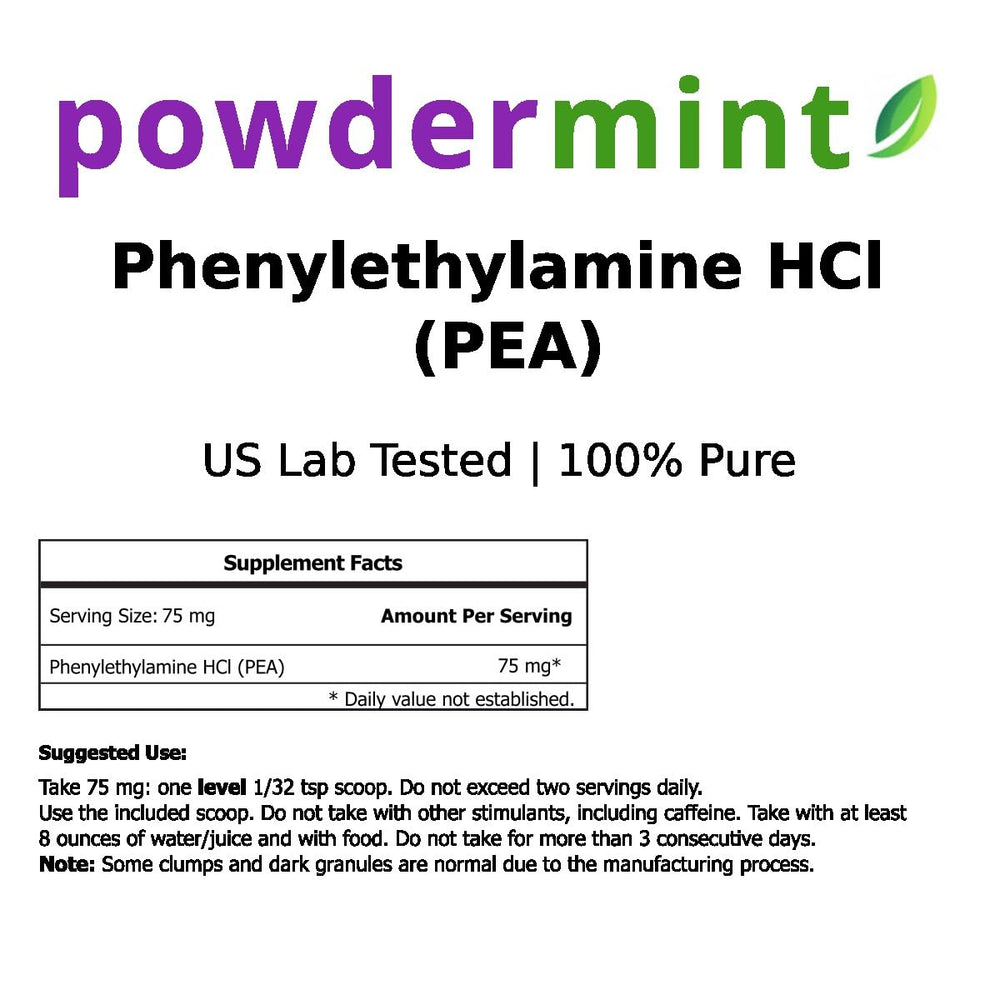 powdermint phenylethylamine HCl powder label closeup showing ingredients and suggested uses