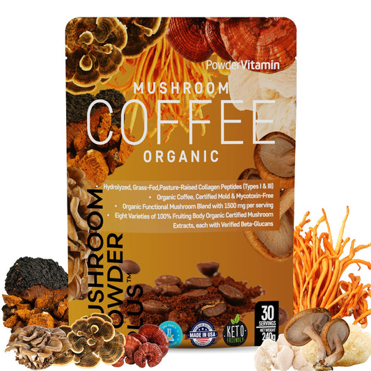 PowderVitamin mushroom coffee cup steaming, smooth low-acid start