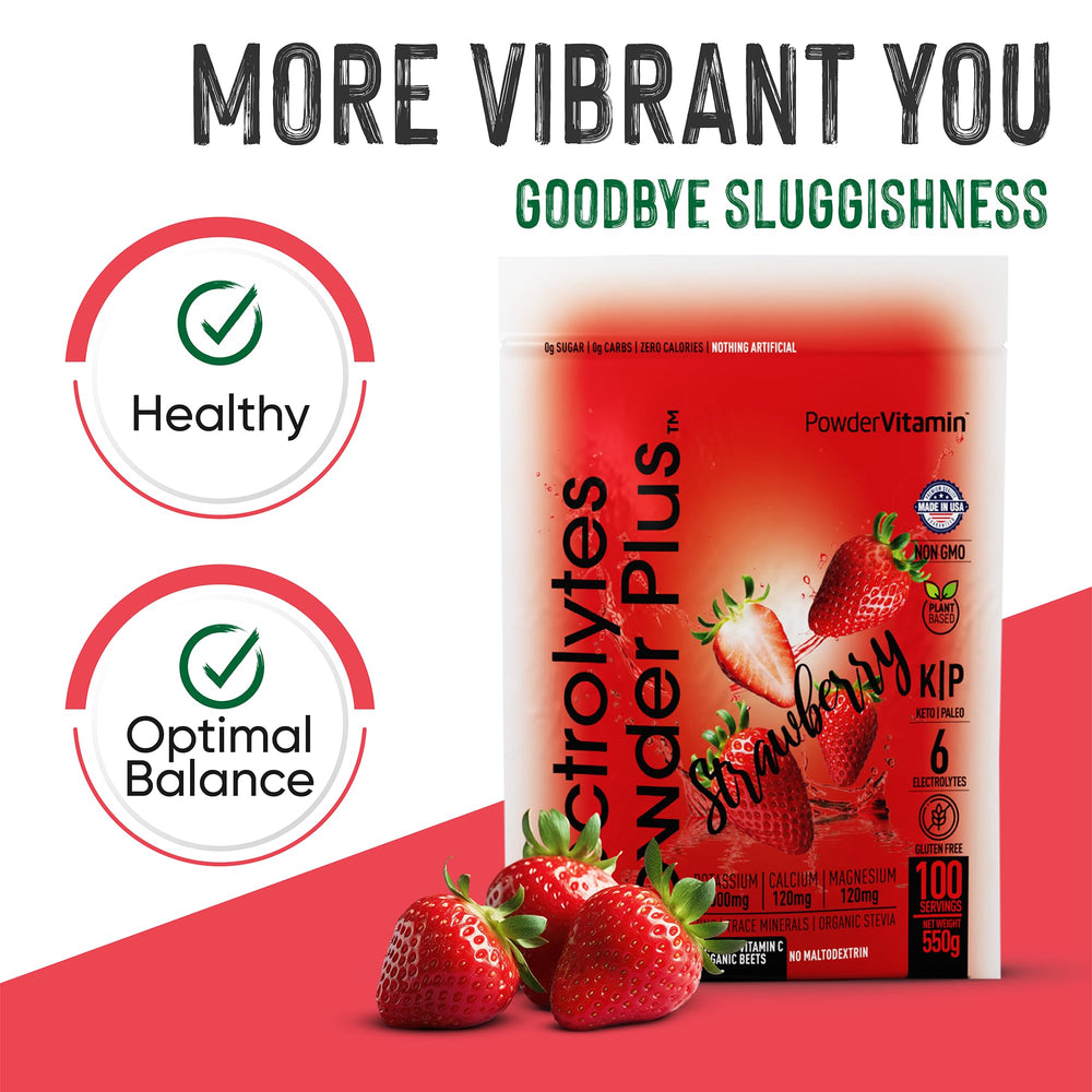 PowderVitamin Electrolytes Powder Plus dissolved in water demonstrates quick flavor release.