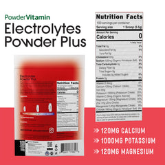 PowderVitamin Electrolytes Powder Plus strawberry glass, mix for zero-calorie hydration on the go.