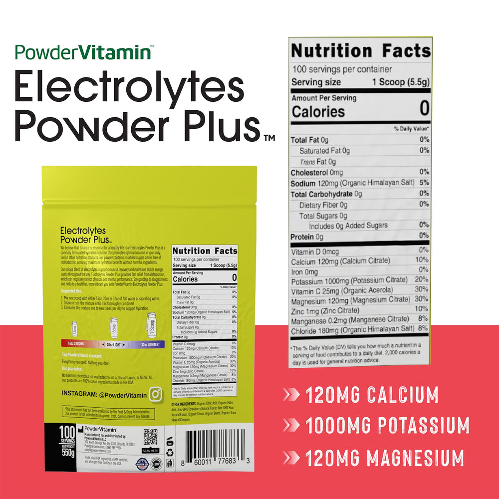 PowderVitamin Electrolytes Plus strawberry kiwi being poured into water