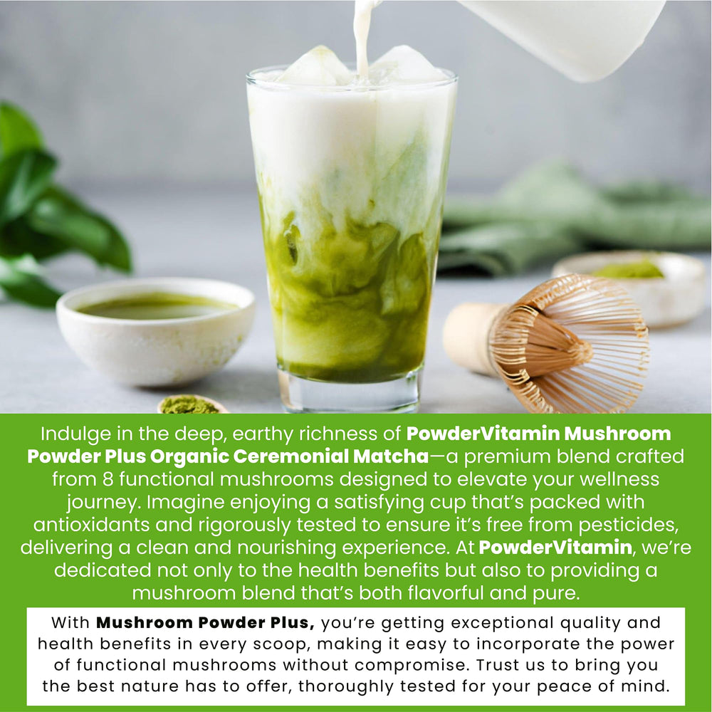 PowderVitamin matcha powder close-up highlights vibrant color and energizing aroma.
