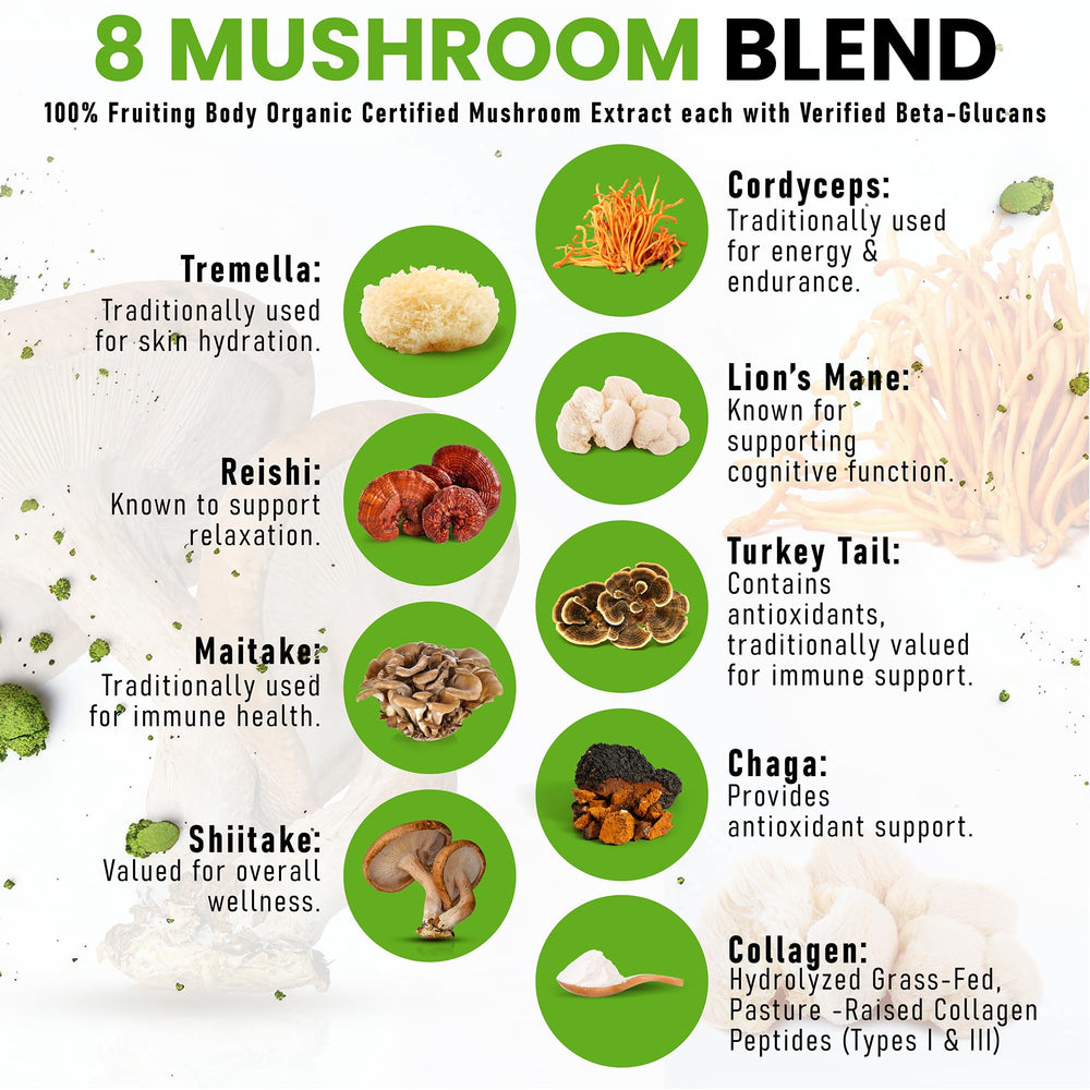 PowderVitamin mushroom variety image displays eight fruiting bodies for immune support.