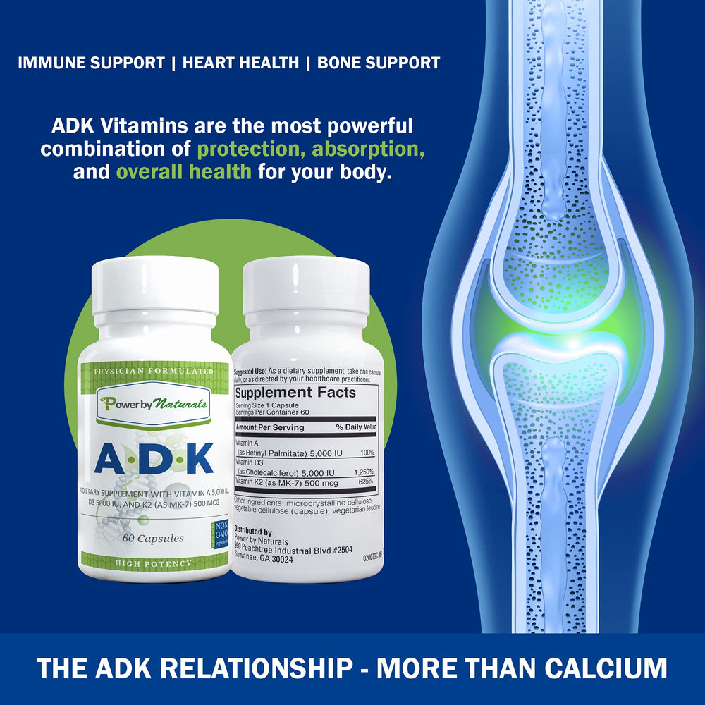 Power By Naturals ADK bottle label closeup highlights vitamins A, D3, and K2 MK7.