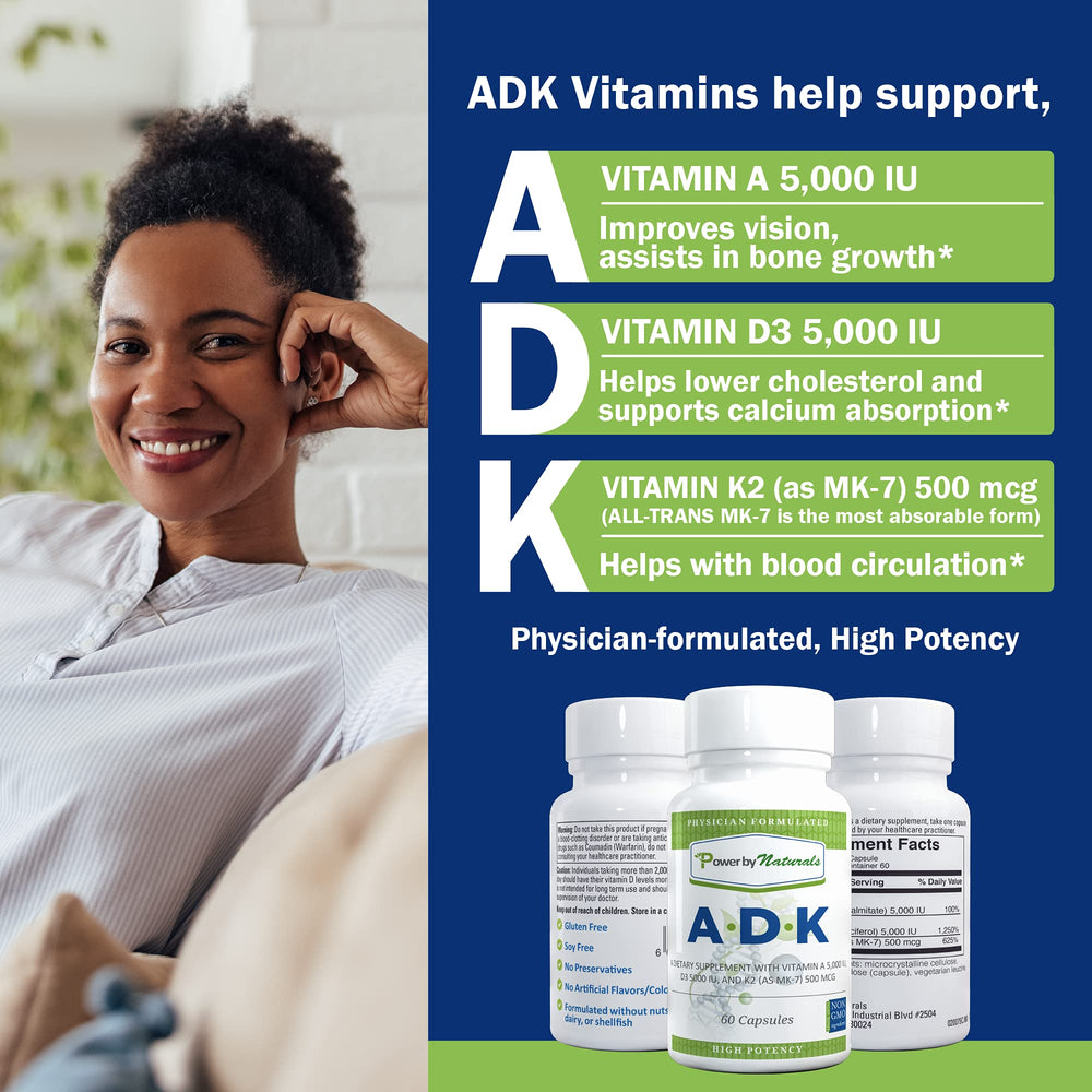 Power By Naturals ADK capsules closeup emphasizes easy-to-swallow daily support.