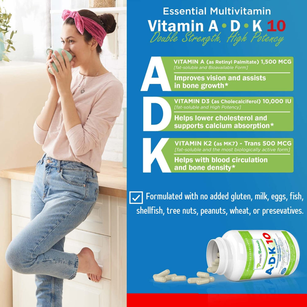 Power By Naturals ADK10 capsules close-up highlighting easy-to-swallow vegetarian capsules