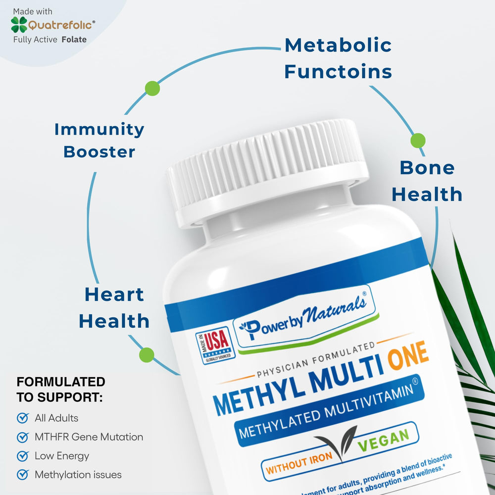 Power By Naturals Methyl Multi One label close-up showing vegan-friendly formula for plant-based nutrition