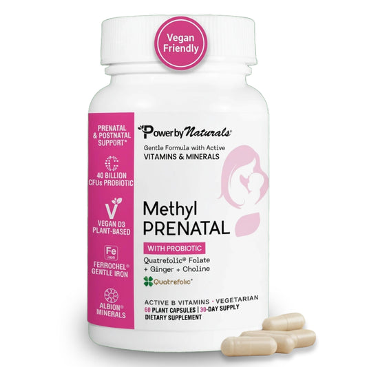 Power By Naturals Methyl Prenatal bottle closeup showing a complete pregnancy vitamin blend.