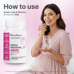 Power By Naturals Methyl Prenatal vegan capsules indicating vegan-friendly and gluten-free formula.