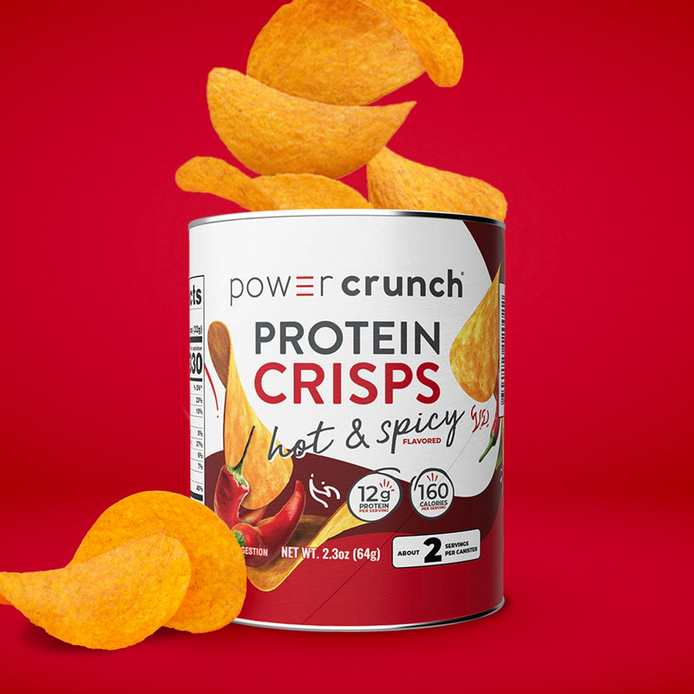 Power Crunch CRISPS Hot and Spicy in a gym bag suggests convenient protein between workouts